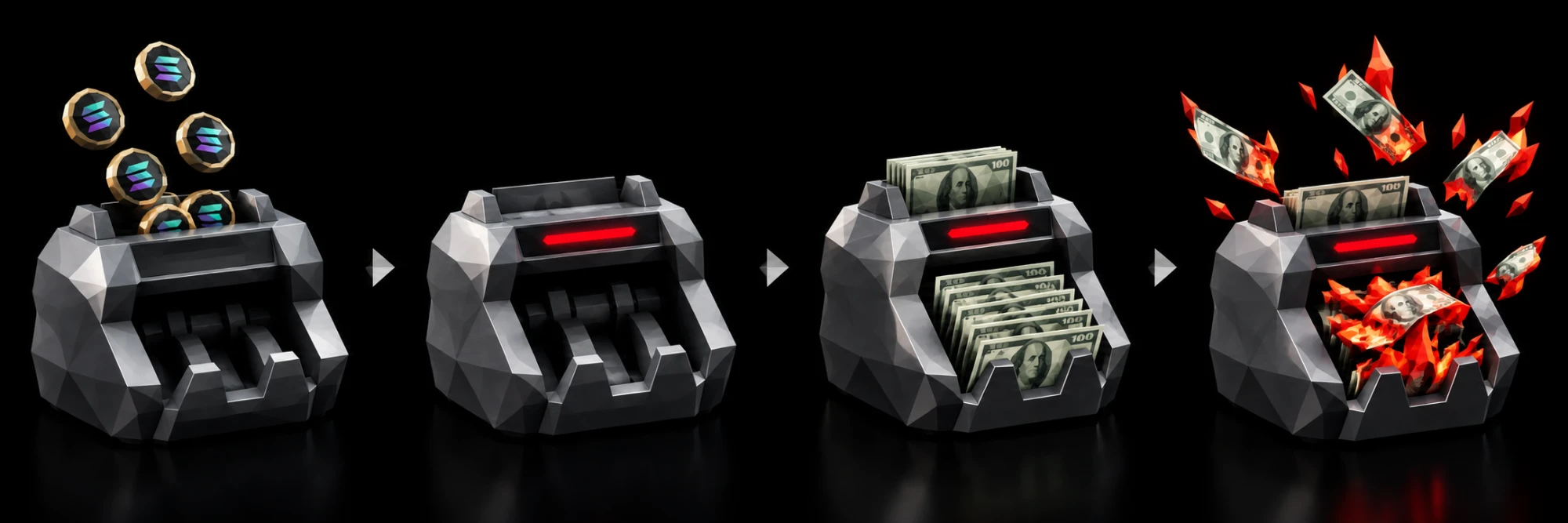Four steps: SOL coins drop into the machine, the machine switches on, bills come out, the bills burn.